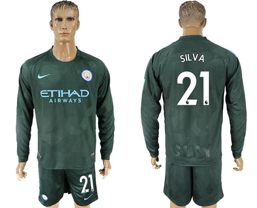 Manchester City #21 Silva Sec Away Long Sleeves Soccer Club Jersey